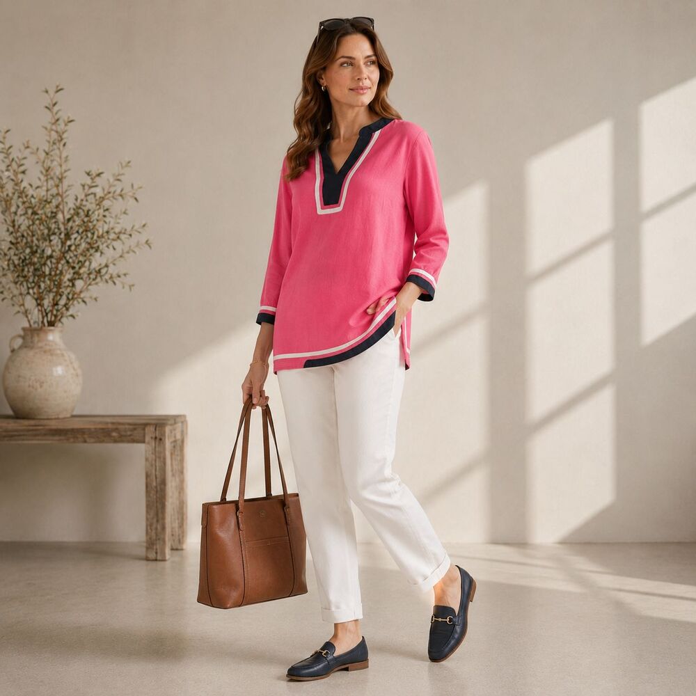 TALBOTS Women's MEDIUM Top Blouse Linen Blend Nautical Contrast Trim J03069